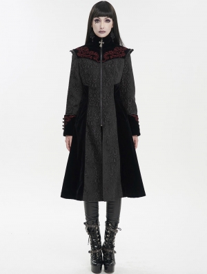 Black Vintage Gothic Jacquard Velvet Long Coat for Women