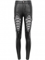 Black Gothic Fishnet Hollow Out Skinny Leather Pants for Women