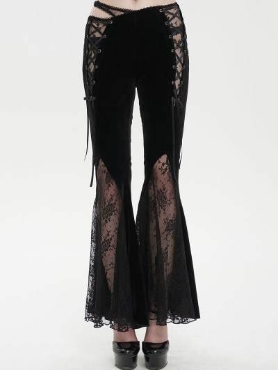 Black Gothic Vintage Sexy Velvet Lace Flared Trousers for Women