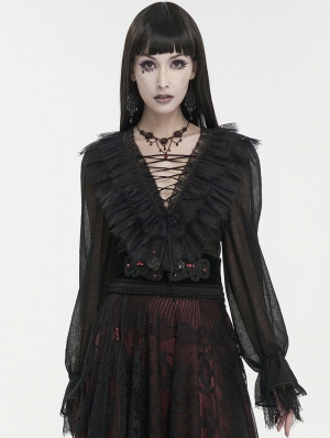 Black Gothic Sexy V-Neck Long Sleeve Ruffle Shirt for Women