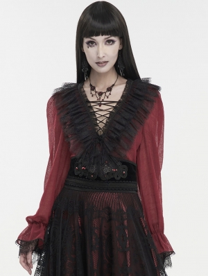 Red Gothic Sexy V-Neck Long Sleeve Ruffle Shirt for Women