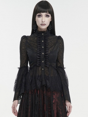 Black Vintage Gothic Lace Long Trumpet Sleeve Shirt for Women