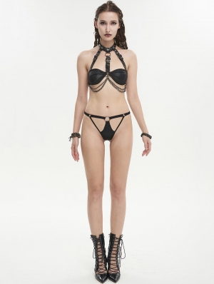 Black Gothic Punk Metal Loop Two-Piece Sexy Lingerie Set