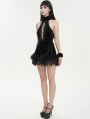 Black Gothic Fur Trim Halter Sexy Hollow Lace-Up Short Velvet Dress