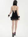 Black Gothic Fur Trim Halter Sexy Hollow Lace-Up Short Velvet Dress