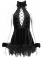 Black Gothic Fur Trim Halter Sexy Hollow Lace-Up Short Velvet Dress