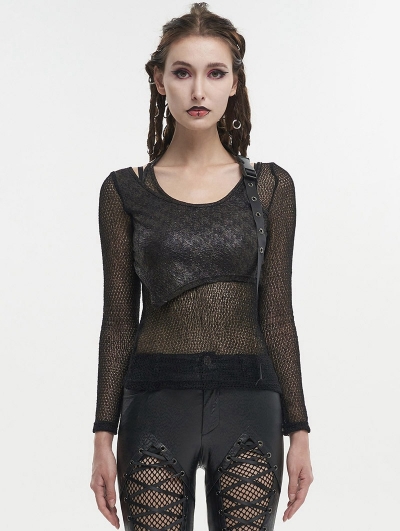 Black Gothic Punk Buckle Strap Long Net Sleeve T-shirt for Women