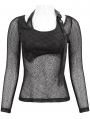 Black Gothic Punk Buckle Strap Long Net Sleeve T-shirt for Women