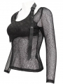 Black Gothic Punk Buckle Strap Long Net Sleeve T-shirt for Women
