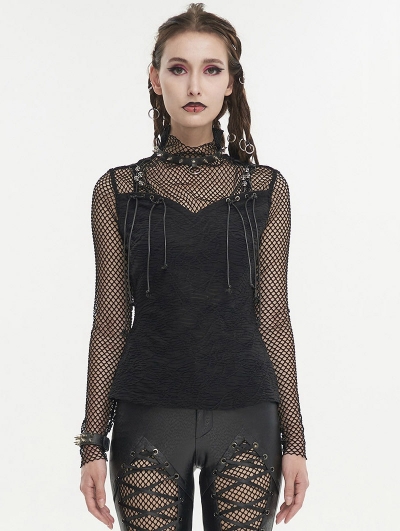 Black Gothic Punk Skull Drawstring Long Sleeve Net Top for Women