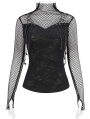 Black Gothic Punk Skull Drawstring Long Sleeve Net Top for Women