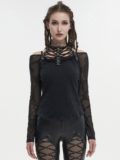 Black Gothic Punk Chain Patterned Long Sleeve T-Shirt for Women