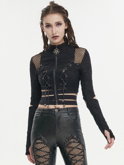 Black Gothic Punk Street Wear Bandage Crop Top for Women