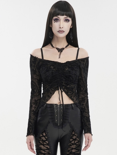 Black Sexy Gothic Pattern Off-the-Shoulder Ruched Drawstring Crop Top for Women
