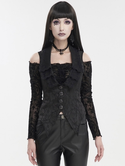 Black Gothic Vintage Lace Trim Button Front Waistcoat for Women