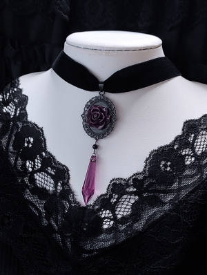 Black Gothic Retro Dark Purple Rose Crystal Velvet Pendant Choker