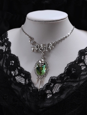 Silver Vintage Gothic Skull Vines Thorn Crystal Pendant Necklace