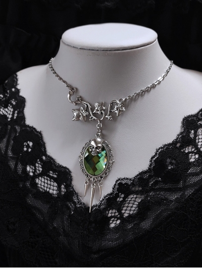Silver Vintage Gothic Skull Vines Thorn Crystal Pendant Necklace