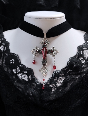 Black Gothic Vintage Velvet Bloody Cross Pendant Choker