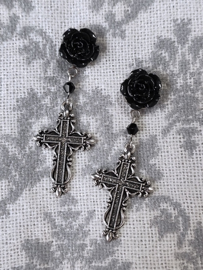 Black Gothic Retro Rose Cross Pendant Stud Earrings