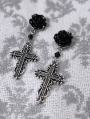 Black Gothic Retro Rose Cross Pendant Stud Earrings