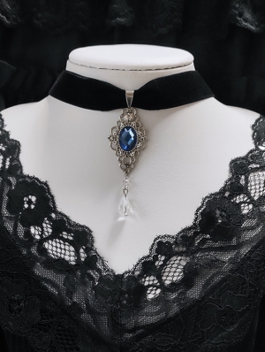 Black Gothic Velvet Blue Engraved Crystal Vintage Choker