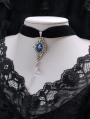 Black Gothic Velvet Blue Engraved Crystal Vintage Choker