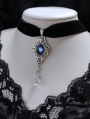 Black Gothic Velvet Blue Engraved Crystal Vintage Choker