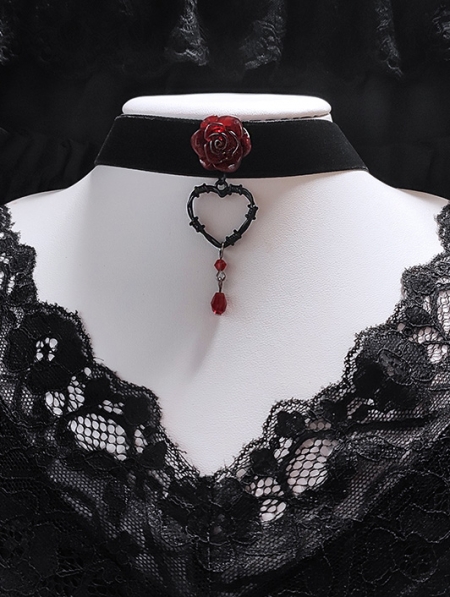 Dark Gothic Thorn Love Bloody Rose Pendant Velvet Choker - Devilnight.co.uk