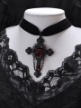 Dark Gothic Bloody Rose Carved Cross Pendant Velvet Choker