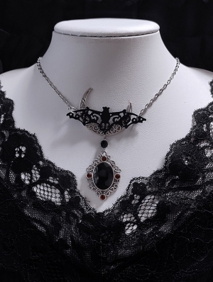Vintage Dark Gothic Bat Moon Black Crystal Pendant Necklace