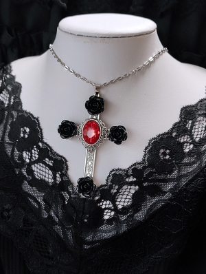 Black Rose Red Crystal Gothic Punk Cross Pendant Necklace