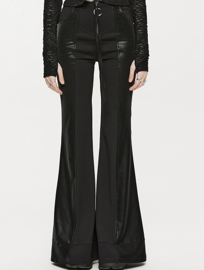 Black Gothic Daily Wear Spliced Faux Leather Long Flared Pants for Women