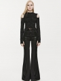 Black Gothic Daily Wear Spliced Faux Leather Long Flared Pants for Women