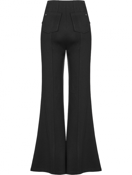 Black Gothic Daily Wear Spliced Faux Leather Long Flared Pants for ...