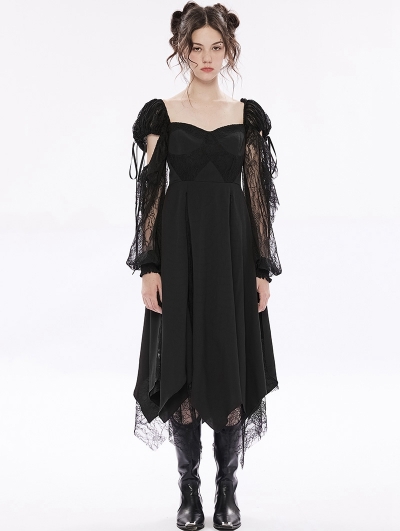 Black Gothic Lace Irregular Hem Long Hollow Sleeve Party Dress