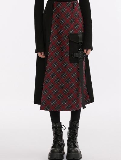 Black and Red Gothic Grunge Daily Wear Plaid Techwear Medium Long Skirt