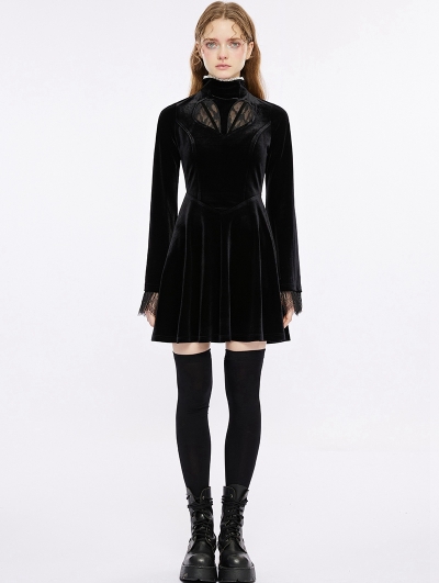 Black Gothic Vintage Velvet Long Sleeve Short Dress