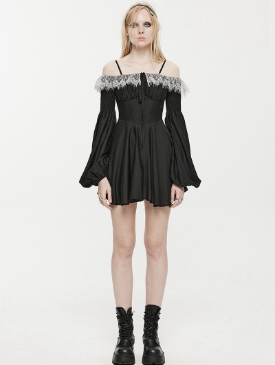 Black Gothic Chiffon Off-the-Shoulder Lace Trim Long Sleeve Short Dress