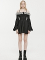 Black Gothic Chiffon Off-the-Shoulder Lace Trim Long Sleeve Short Dress