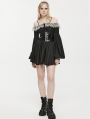 Black Gothic Chiffon Off-the-Shoulder Lace Trim Long Sleeve Short Dress