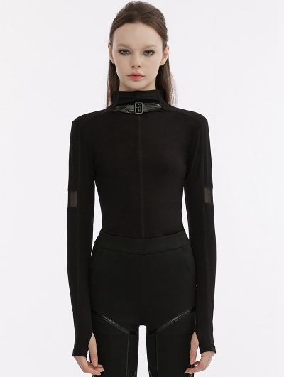 Black Gothic Punk Techwear Style Basic Long Sleeve T-Shirt for Women