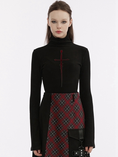 Black Gothic Cross Embroidery Long Sleeves T-Shirt for Women