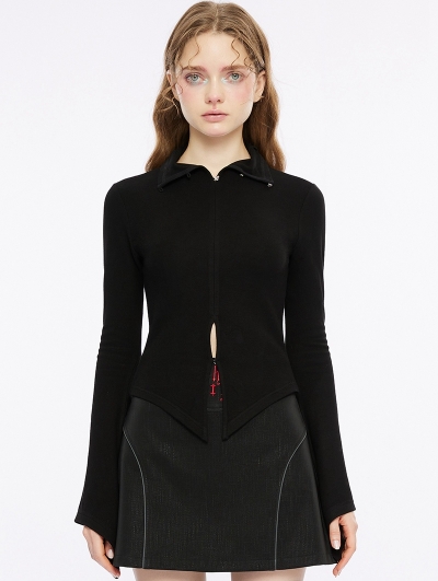 Black Gothic Street Fashion High Neck Long Sleeve T-Shirt for Women