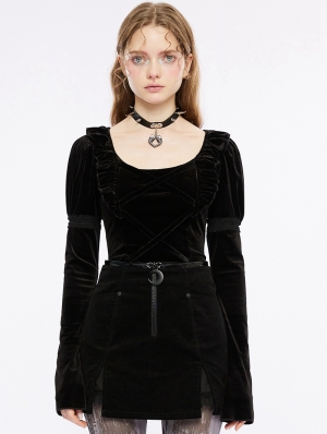 Black Gothic Velvet Cute Long Sleeves Top for Women