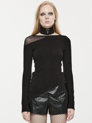 Black Gothic Slant Neck Fit Long Sleeve Asymmetrical T-Shirt for Women