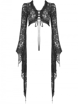 Black Vintage Gothic Lace Long Bell Sleeves Short Cape for Women