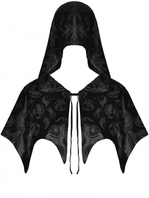 Black Gothic Skull Pattern Velvet Bat Hooded Short Cape for Women