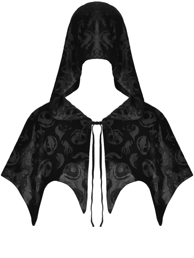 Black Gothic Skull Pattern Velvet Bat Hooded Short Cape for Women