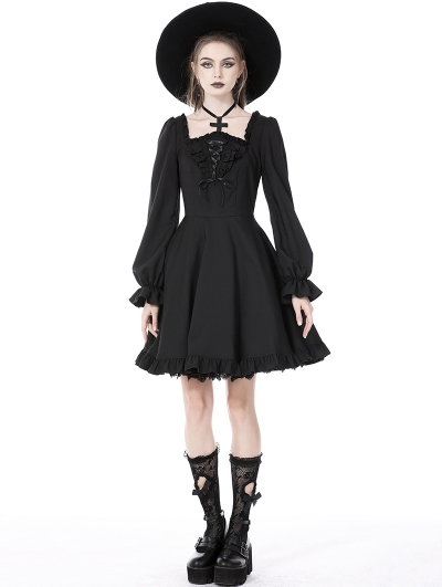 Black Gothic Cross Daily Wear Long Sleeve Frilly Short Dress